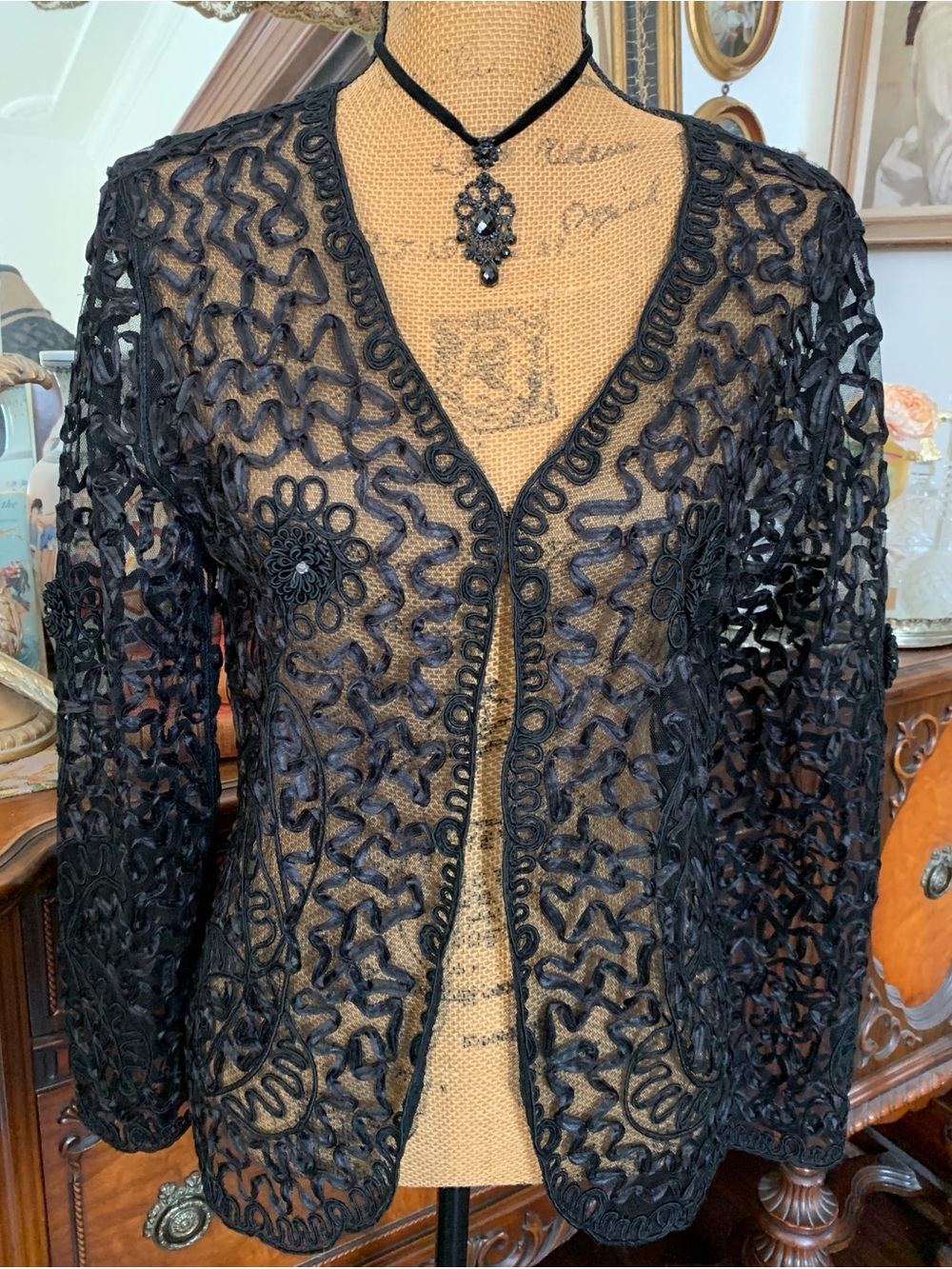 Vintage 90’s Black Gothic Victorian-style Lace Floral Ribbon Caridgan Blouse